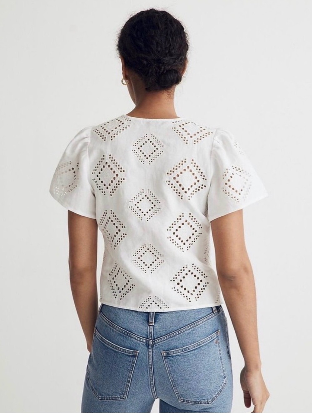 Madewell Eyelet Flutter-Sleeve Top White Linen Blend Button Front Blouse XL - Picture 3 of 15